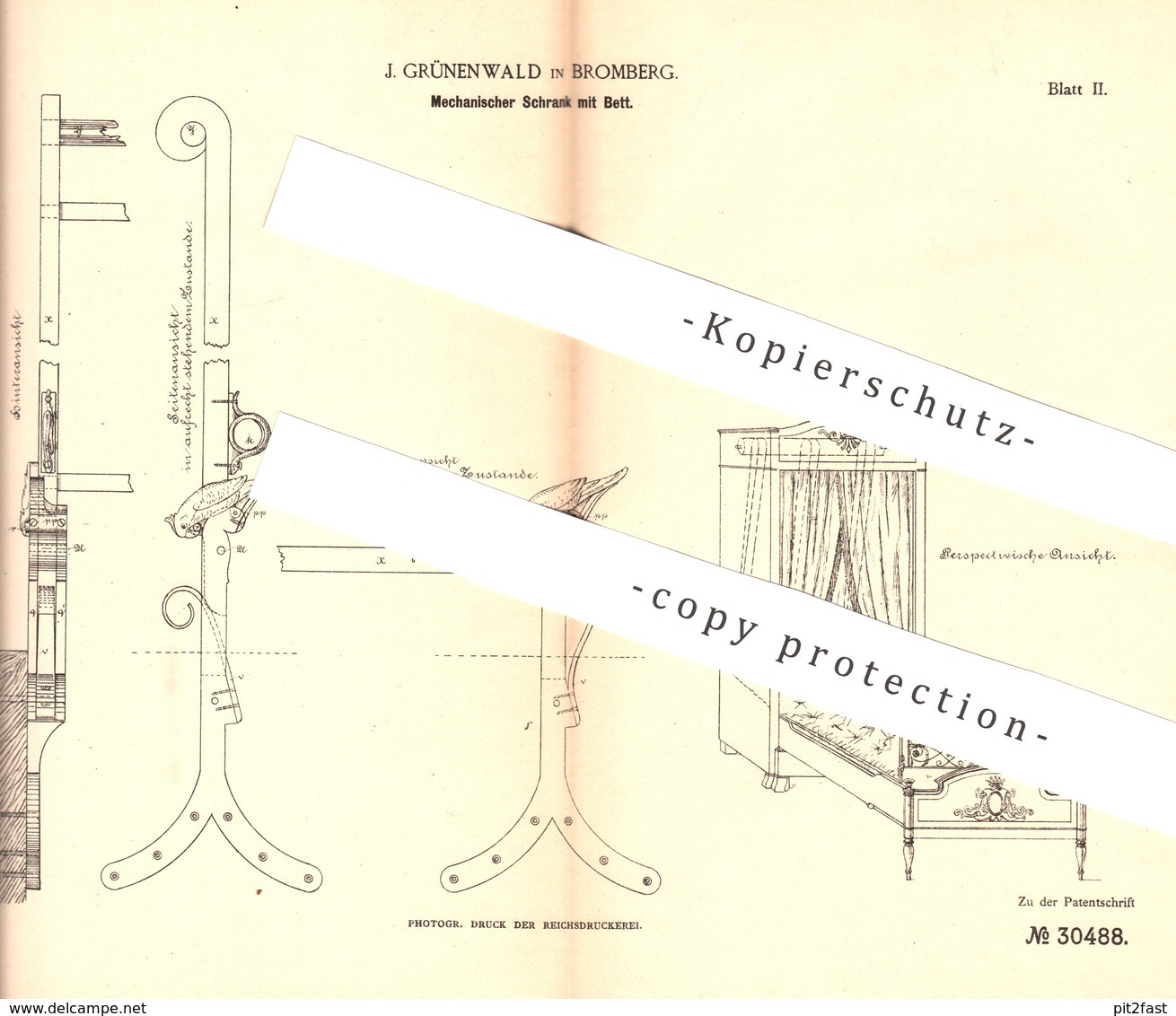 Original Patent - J. Grünenwald , Bromberg , 1884 , Mechan. Schrank Mit Bett | Schränke , Betten , Möbel , Möbelbauer - Historische Dokumente