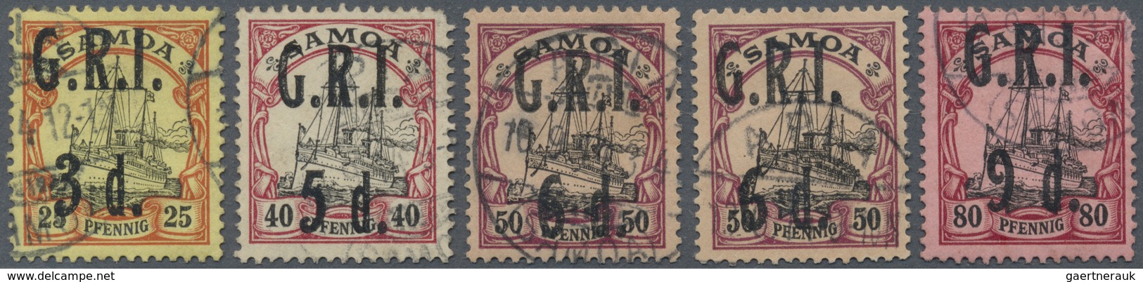 O Deutsche Kolonien - Samoa - Britische Besetzung: 1914. Lot Mit 5 Sauber Gestempelten G.R.I.-Marken: - Samoa