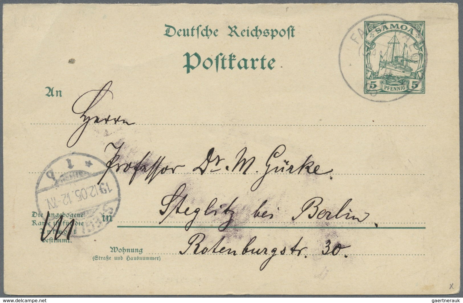 GA Deutsche Kolonien - Samoa - Stempel: Absenderangabe Malantu 1905 Auf Fragekarte 5Pf. Mit Stpl. "FAGA - Samoa