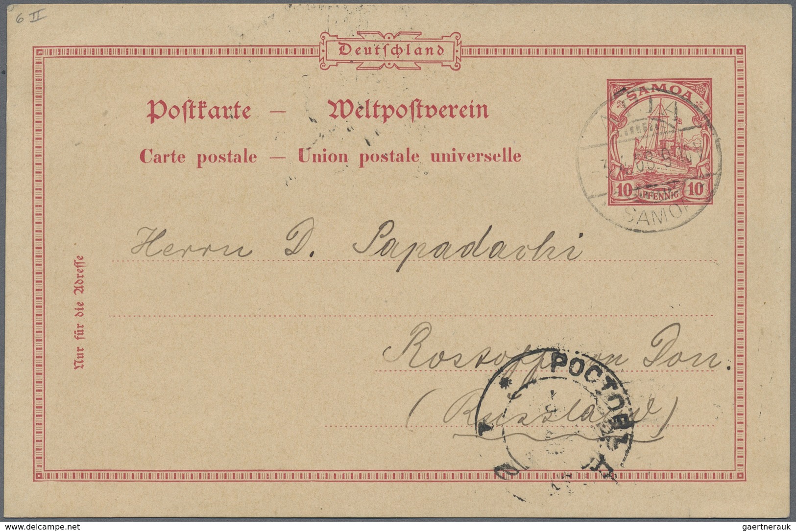 GA Deutsche Kolonien - Samoa - Besonderheiten: 1908 (3.4.), 10 Pfg. Auslands-GA-Karte (mit Rs. Kurztext - Samoa