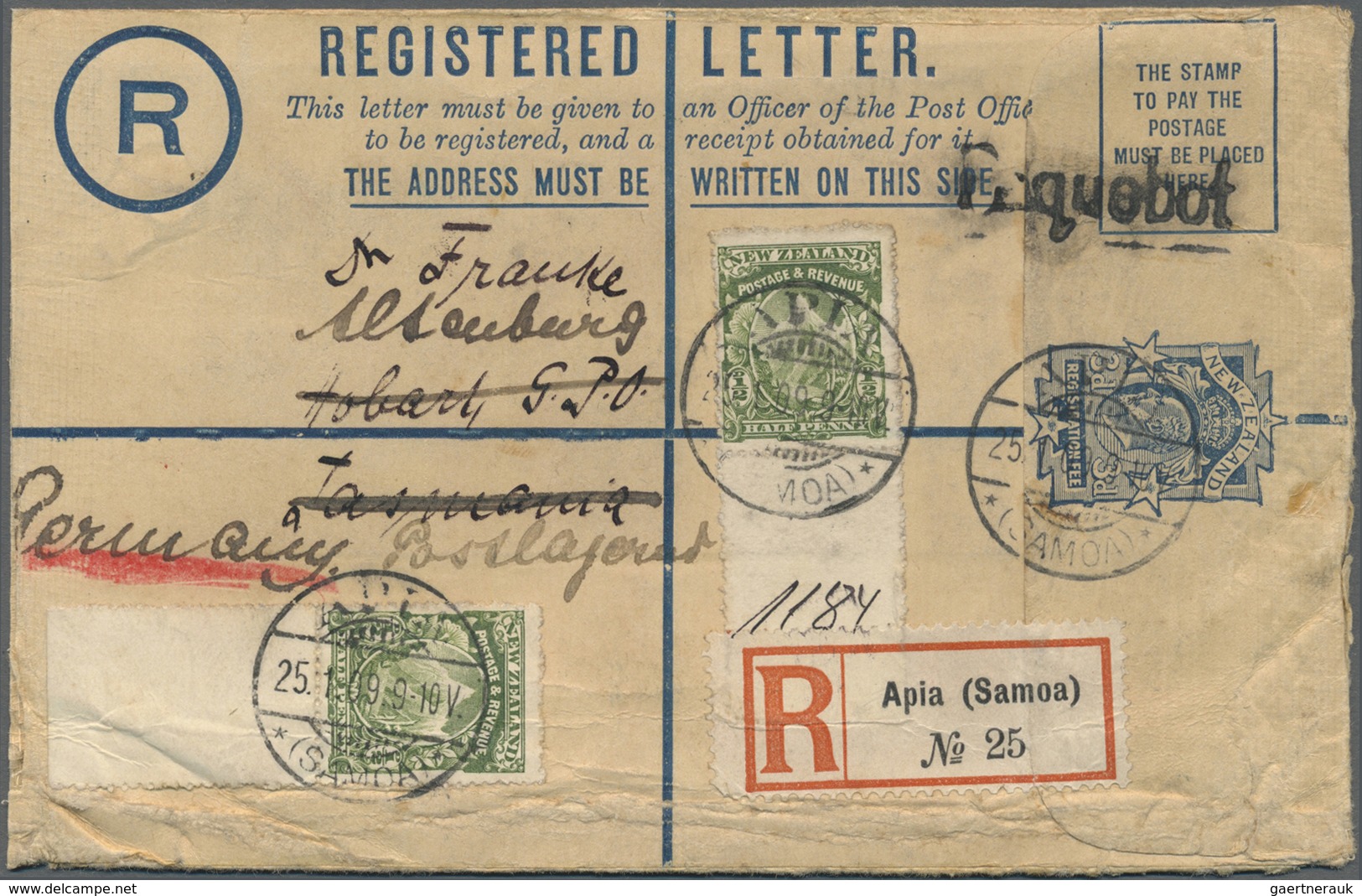 GA Deutsche Kolonien - Samoa - Besonderheiten: 1909, Neuseeland/Niue, 3d Blau Einschreibe-GSU Mit Zusat - Samoa