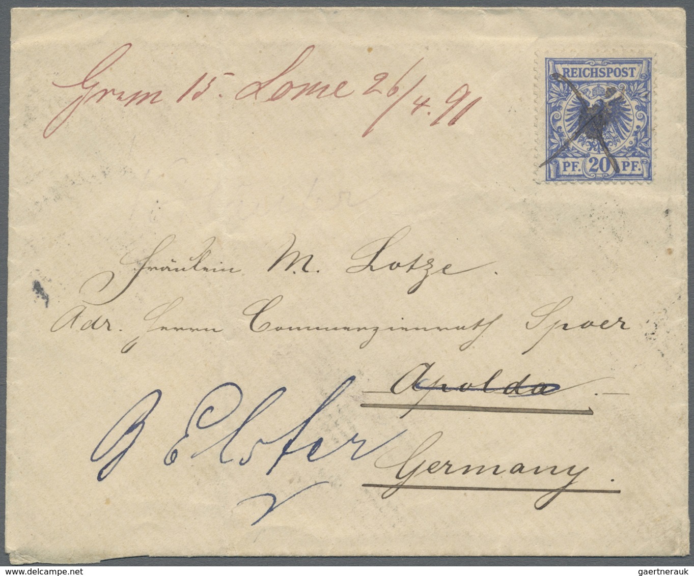 Br Deutsche Kolonien - Togo: 1891. Brief Mit 20 Pf Krone/Adler, Entwertet Mit Hands. Federkreuz Und Neb - Togo