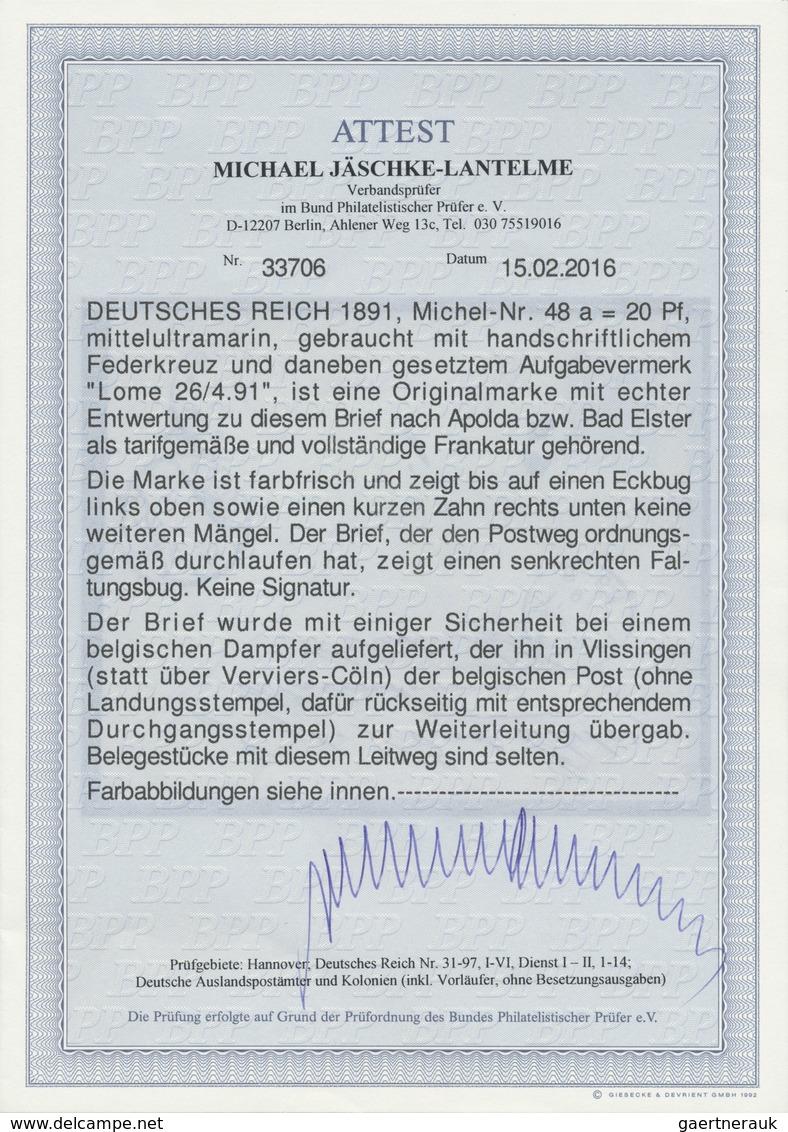 Br Deutsche Kolonien - Togo: 1891. Brief Mit 20 Pf Krone/Adler, Entwertet Mit Hands. Federkreuz Und Neb - Togo