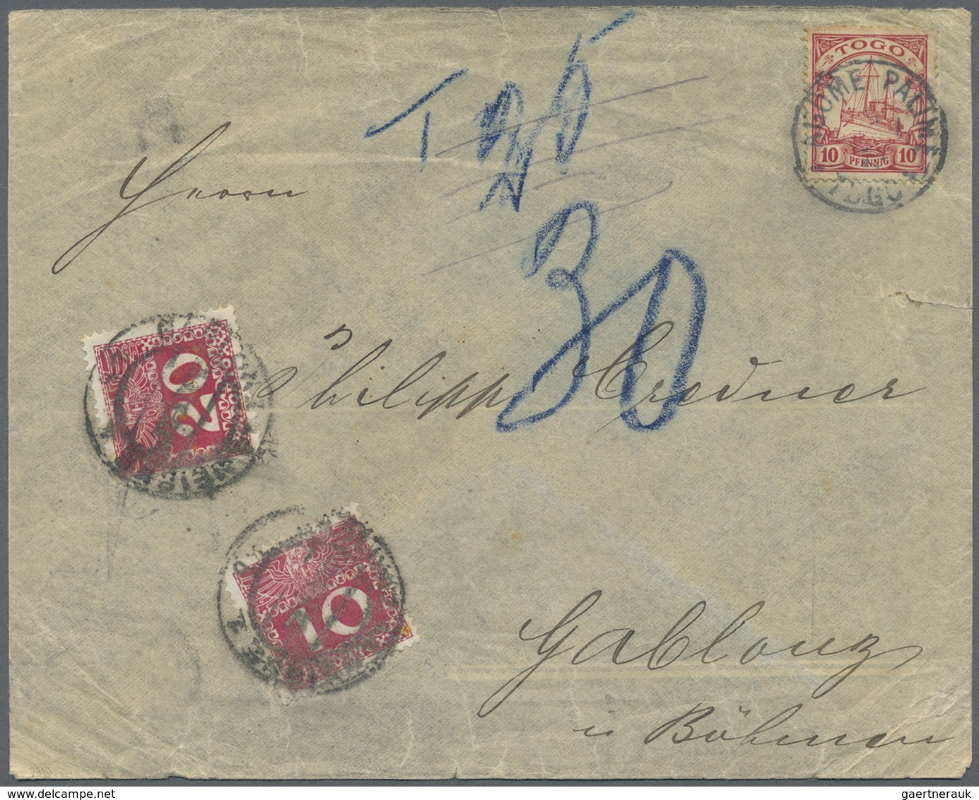 Br Deutsche Kolonien - Togo: 1900, 10 Pfg. Kaiseryacht Mit Stempel "AGOME-PALIME ..1.13" Auf Unterfrank - Togo