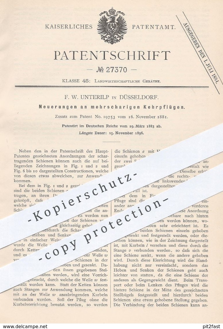 Original Patent - F. W. Unterilp , Düsseldorf , 1883 , Mehrscharige Kehrpflüge | Pflug , Pflüge , Landwirtschaft !!! - Historische Dokumente