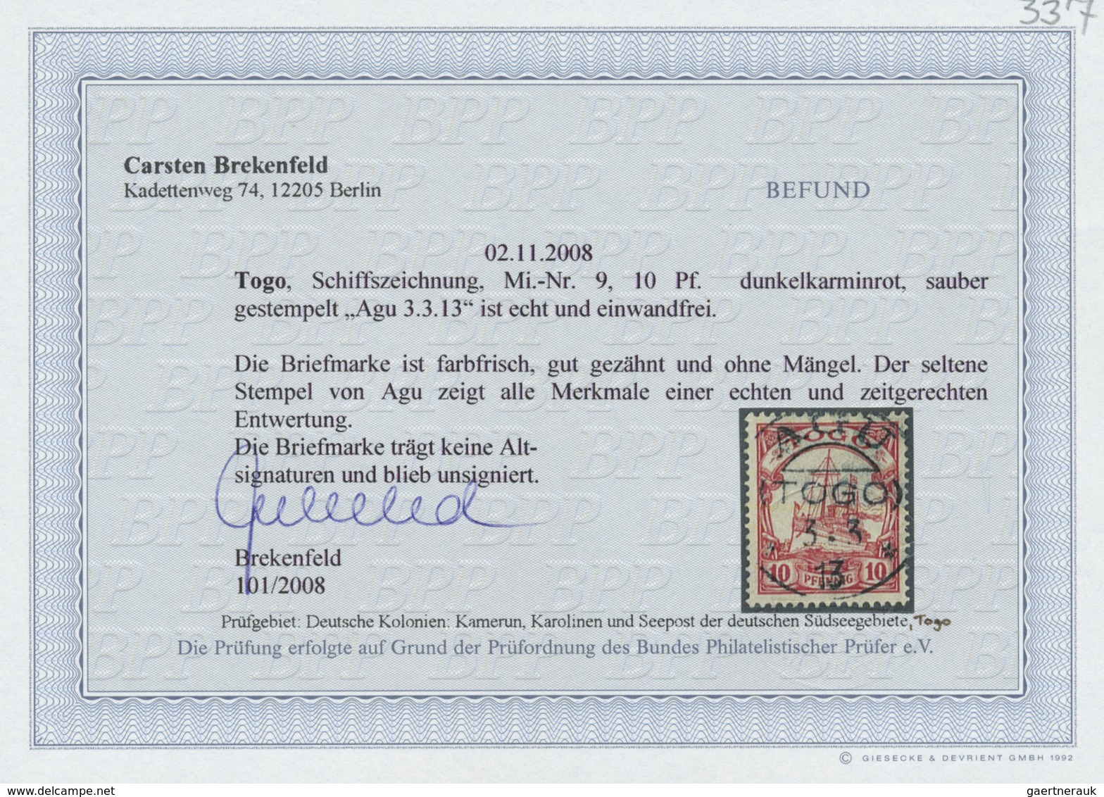 O Deutsche Kolonien - Togo - Stempel: AGU 3.3.13, Zentrischer Abschlag Auf 10 Pfg., Fotobefund Brekenf - Togo