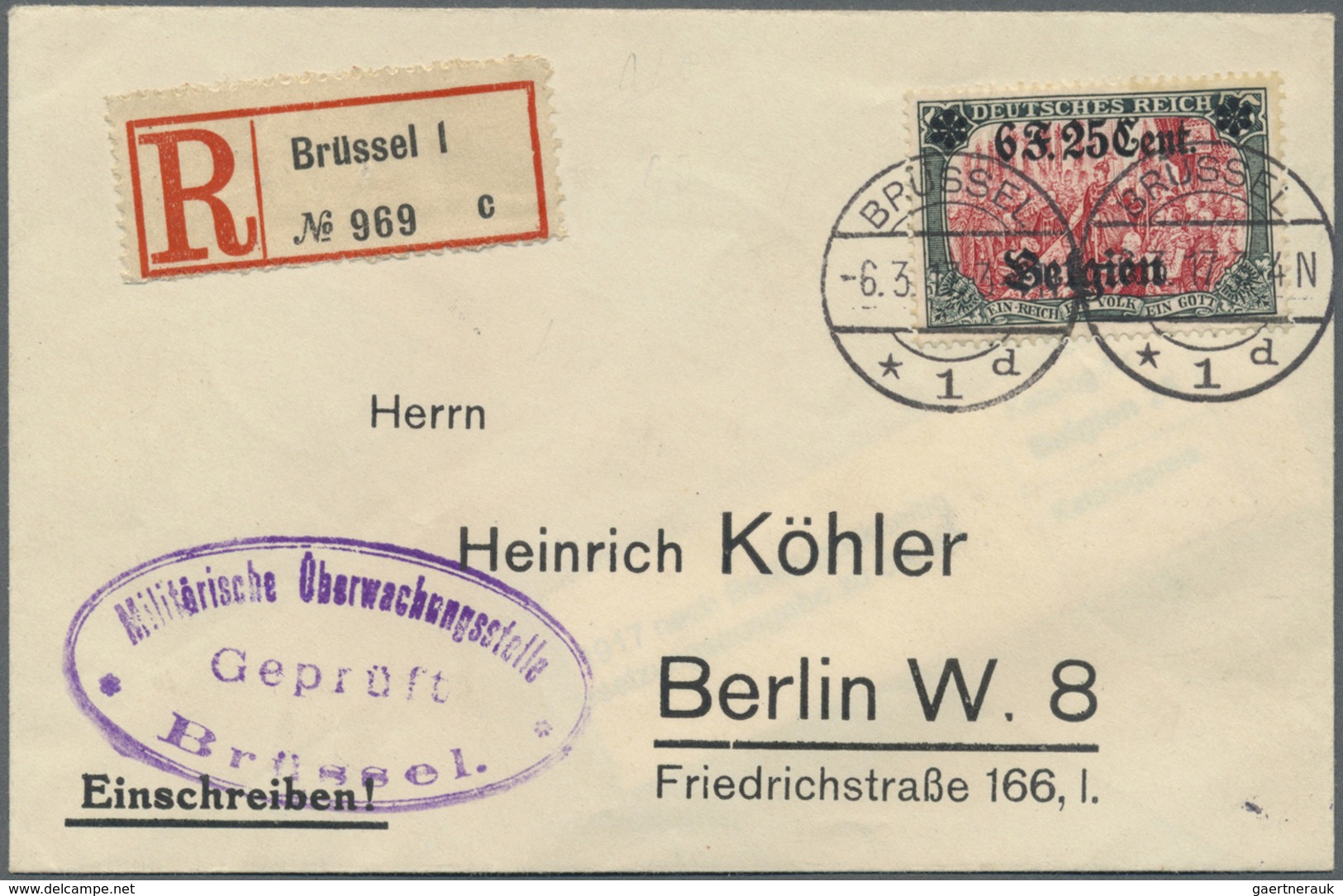 Br Deutsche Besetzung I. WK: Landespost In Belgien: 1917 (6.3.), 6 Fr. 25 C. Auf 5 Mk. Aufdrucktype I E - Besetzungen 1914-18