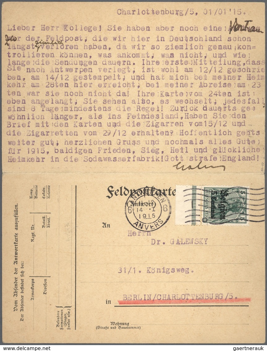 GA Deutsche Besetzung I. WK: Landespost In Belgien: 1915, Zusammenhängende FELDPOST FRAGE UND ANTWORT-K - Occupation 1914-18