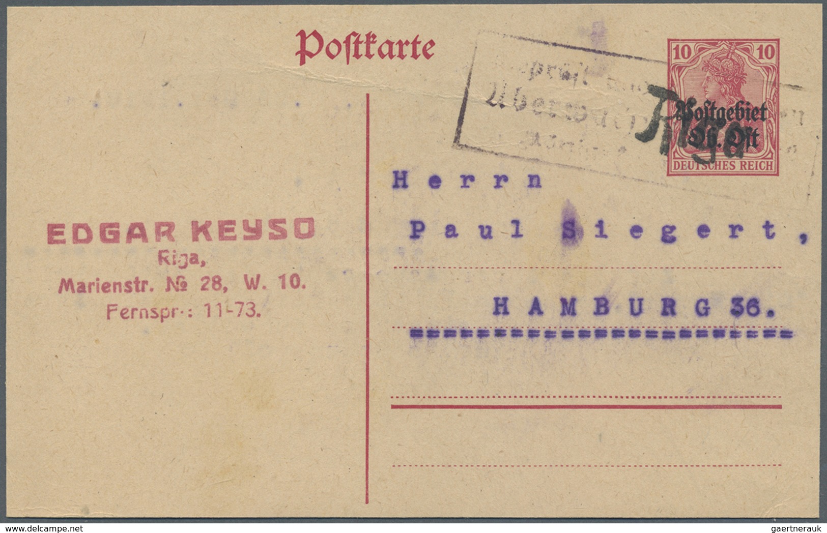 GA Deutsche Besetzung I. WK: Postgebiet Ober. Ost: 1918, 10 Pf Aufdruck-Ganzsachenkarte Mit Ra3-Überwac - Besetzungen 1914-18