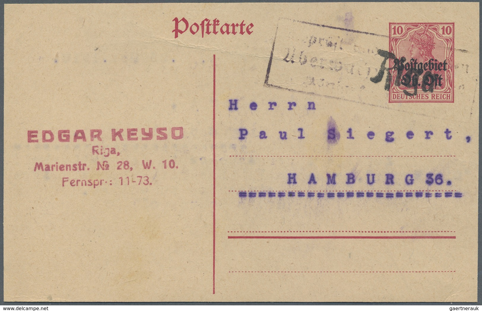 GA Deutsche Besetzung I. WK: Postgebiet Ober. Ost: 1918, 10 Pf Aufdruck-Ganzsachenkarte Mit Ra3-Überwac - Occupation 1914-18