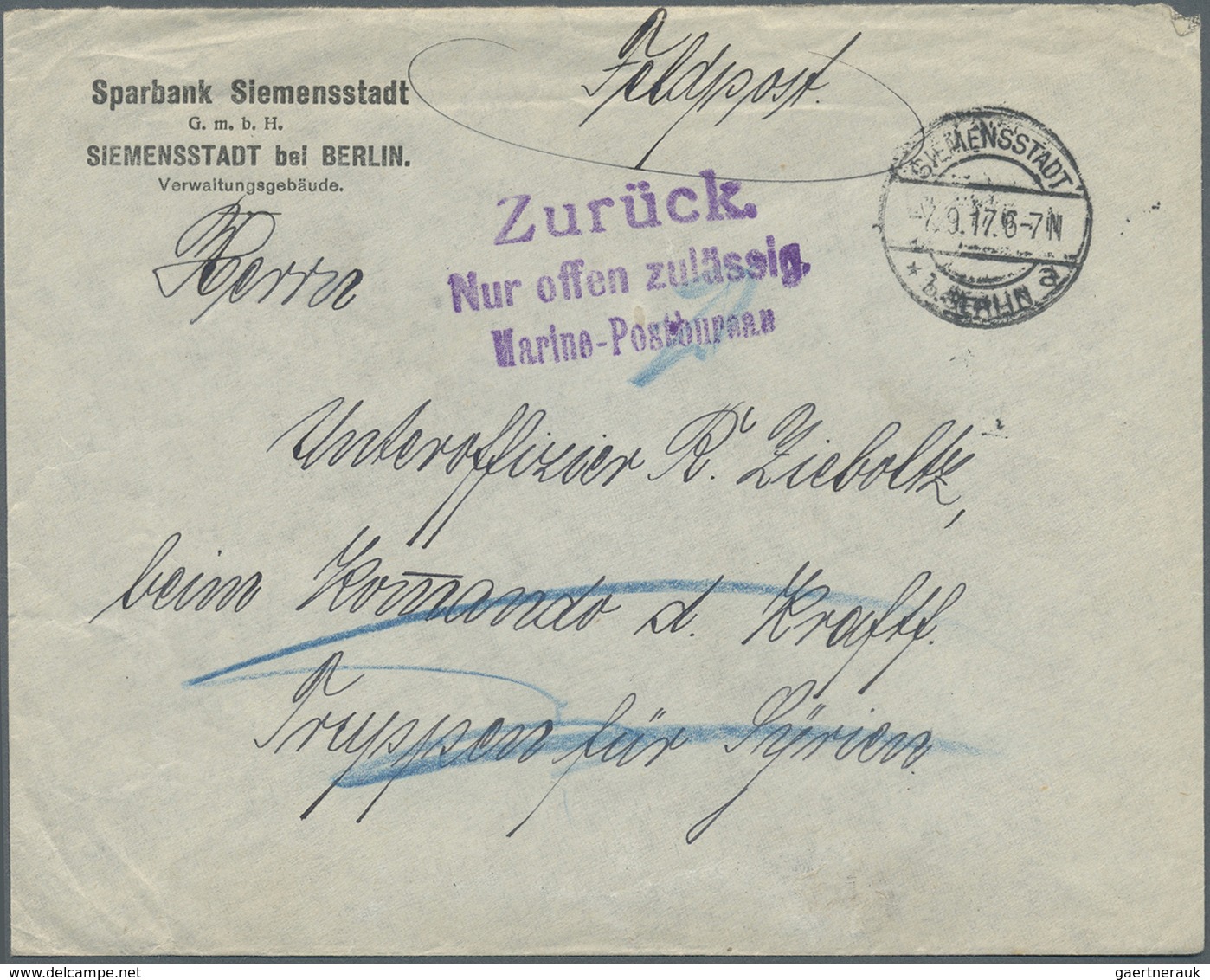 Br Feldpost 1. Weltkrieg: 1917, SIEMENSSTADT Bei Berlin 7.9., Feldpost-Brief An Unteroffizier Beim Komm - Sonstige & Ohne Zuordnung