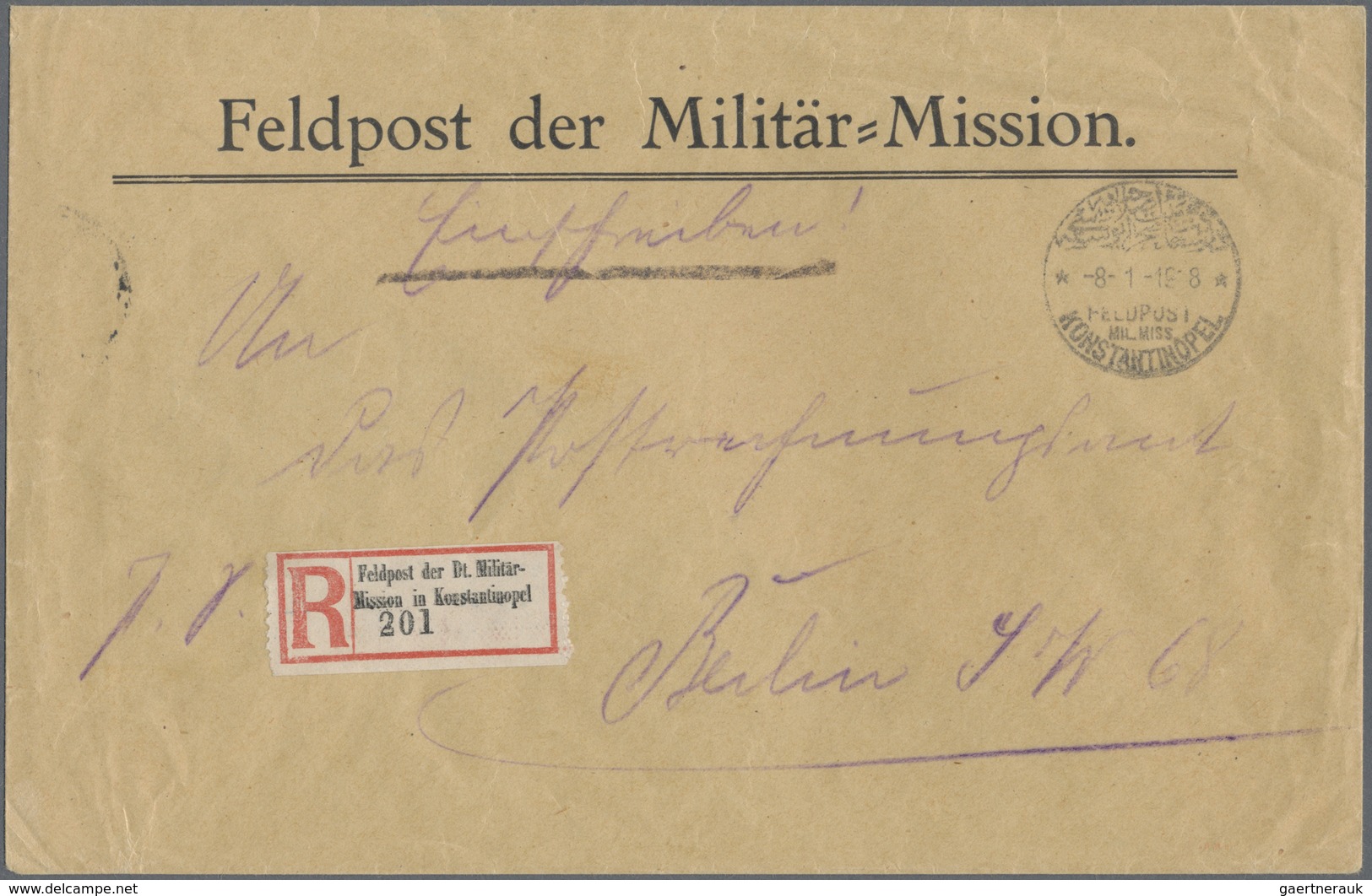 Br Militärmission: 1918, FELDPOST MIL. MISS. KONSTANTI'NOPEL-8-1-1918 Auf R-Feldpost-Vordruckbrief Nach - Turquie (bureaux)