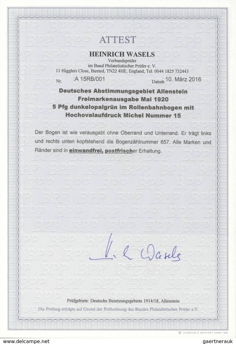 ** Deutsche Abstimmungsgebiete: Allenstein: 1920, 5 Pfg. Aufdruck-Ausgabe Im Komplettem Rollenbahnbogen - Autres & Non Classés