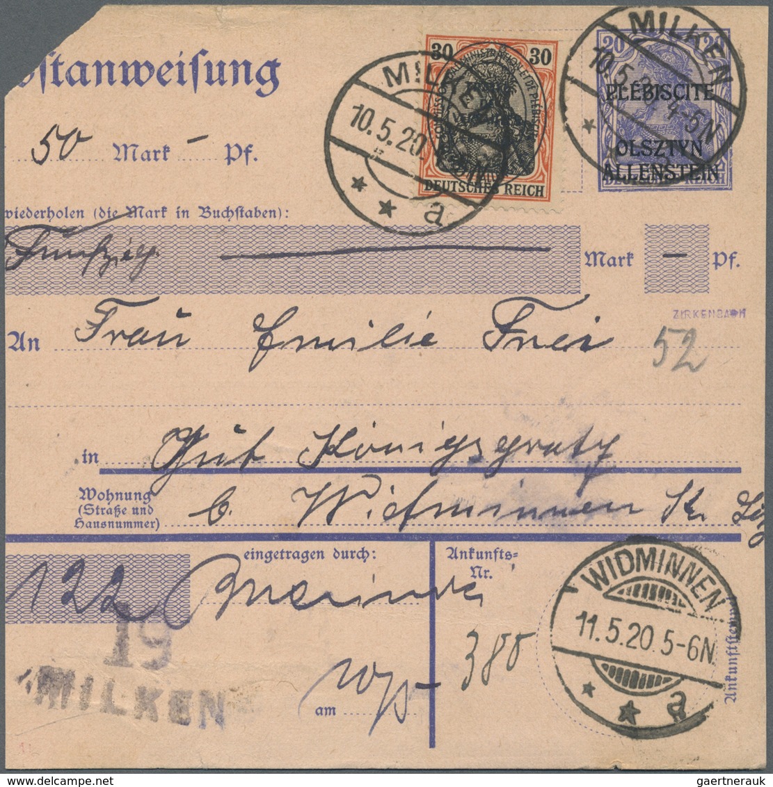 GA Deutsche Abstimmungsgebiete: Allenstein - Ganzsachen: 1920, Postanweisung 20 Pfg. Germania Blau Mit - Altri & Non Classificati