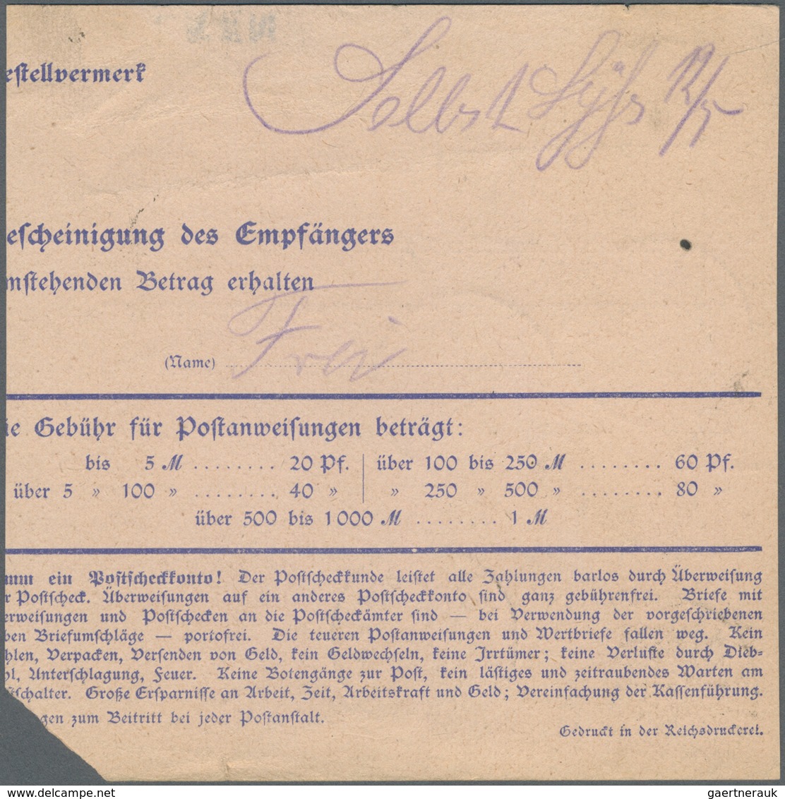 GA Deutsche Abstimmungsgebiete: Allenstein - Ganzsachen: 1920, Postanweisung 20 Pfg. Germania Blau Mit - Sonstige & Ohne Zuordnung