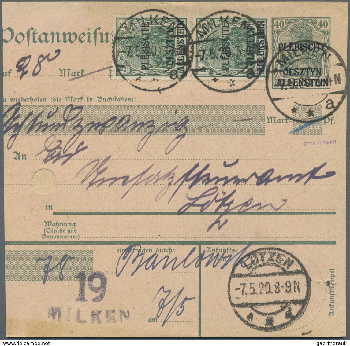 GA Deutsche Abstimmungsgebiete: Allenstein - Ganzsachen: 1920, Postanweisung 40 Pfg. Germania Grün Mit - Altri & Non Classificati