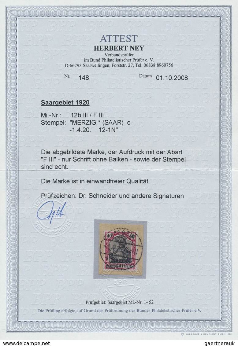 Brfst Deutsche Abstimmungsgebiete: Saargebiet: 1920, Germania 40 Pf., Der Aufdruck Mit ABART "nur Schrift - Autres & Non Classés