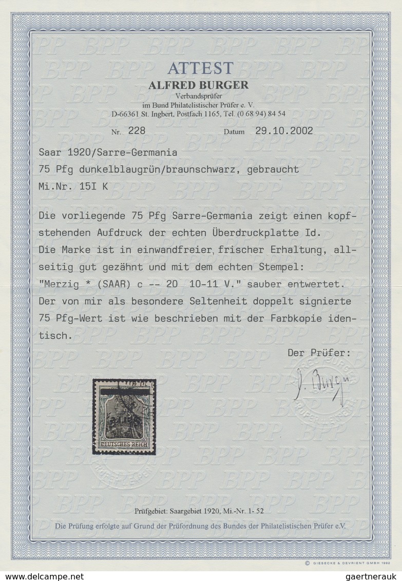 O Deutsche Abstimmungsgebiete: Saargebiet: 1920, Germania 75 Pf. Sarre Mit Kopfstehendem Aufdruck, Sau - Sonstige & Ohne Zuordnung