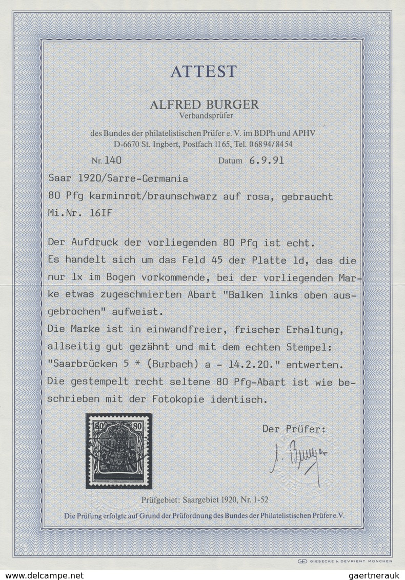 O Deutsche Abstimmungsgebiete: Saargebiet: 1920, 80 Pf. Karminrot/ Grauschwarz Auf Rosa Germania Sarre - Autres & Non Classés