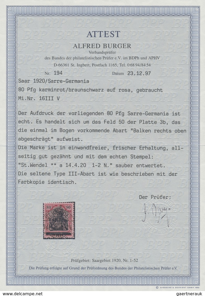 O Deutsche Abstimmungsgebiete: Saargebiet: 1920, 80 Pf. Karminrot/ Grauschwarz Auf Rosa Germania Sarre - Altri & Non Classificati