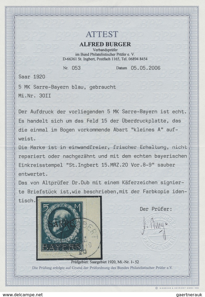 Brfst Deutsche Abstimmungsgebiete: Saargebiet: 1920, 5 Mark Blau, Sarre-Bayern Mit AUFDRUCK-ABART: „Kleine - Altri & Non Classificati