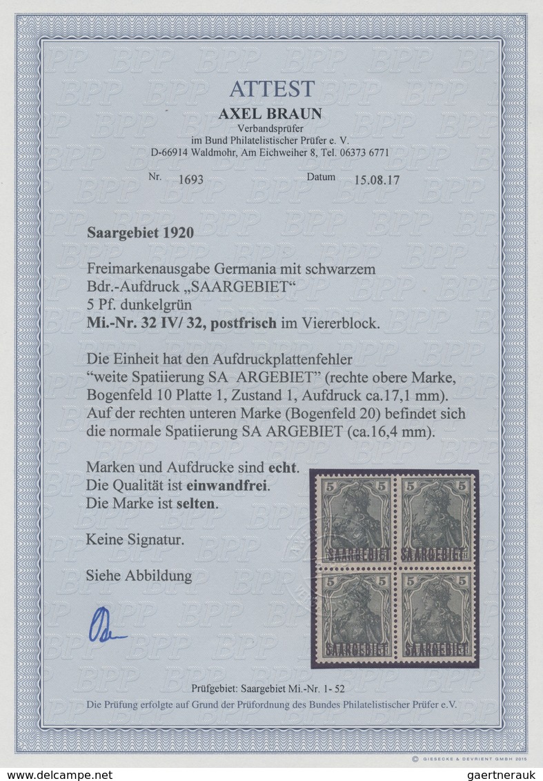 **/ Deutsche Abstimmungsgebiete: Saargebiet: 1920, 5 Pf Germania Im Postfrischen Viererblock Mit Aufdruc - Sonstige & Ohne Zuordnung