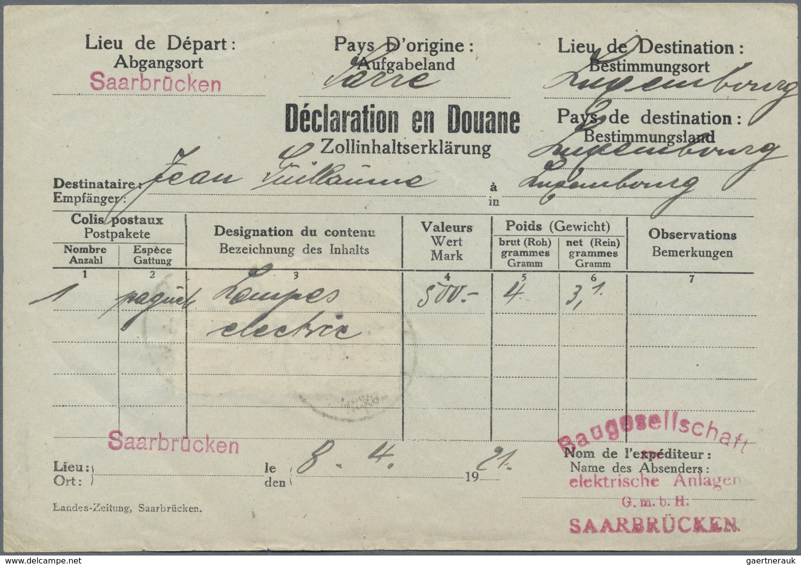 Br Deutsche Abstimmungsgebiete: Saargebiet: 1921, 80 Pf Dkl'ultramarin, Senkr. Paar Als Gebühr Für Eine - Altri & Non Classificati