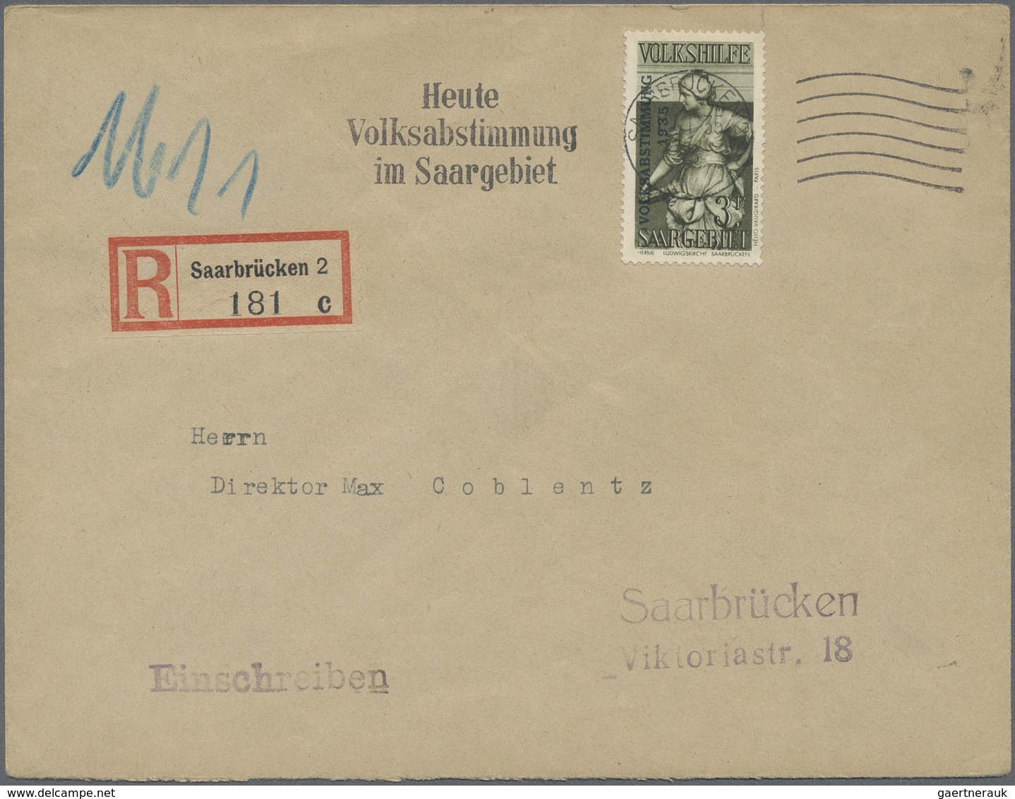 Br Deutsche Abstimmungsgebiete: Saargebiet: 1934, Volkshilfe Komplett Auf 4 R-Ortsbriefen (rücks. Ank.- - Autres & Non Classés