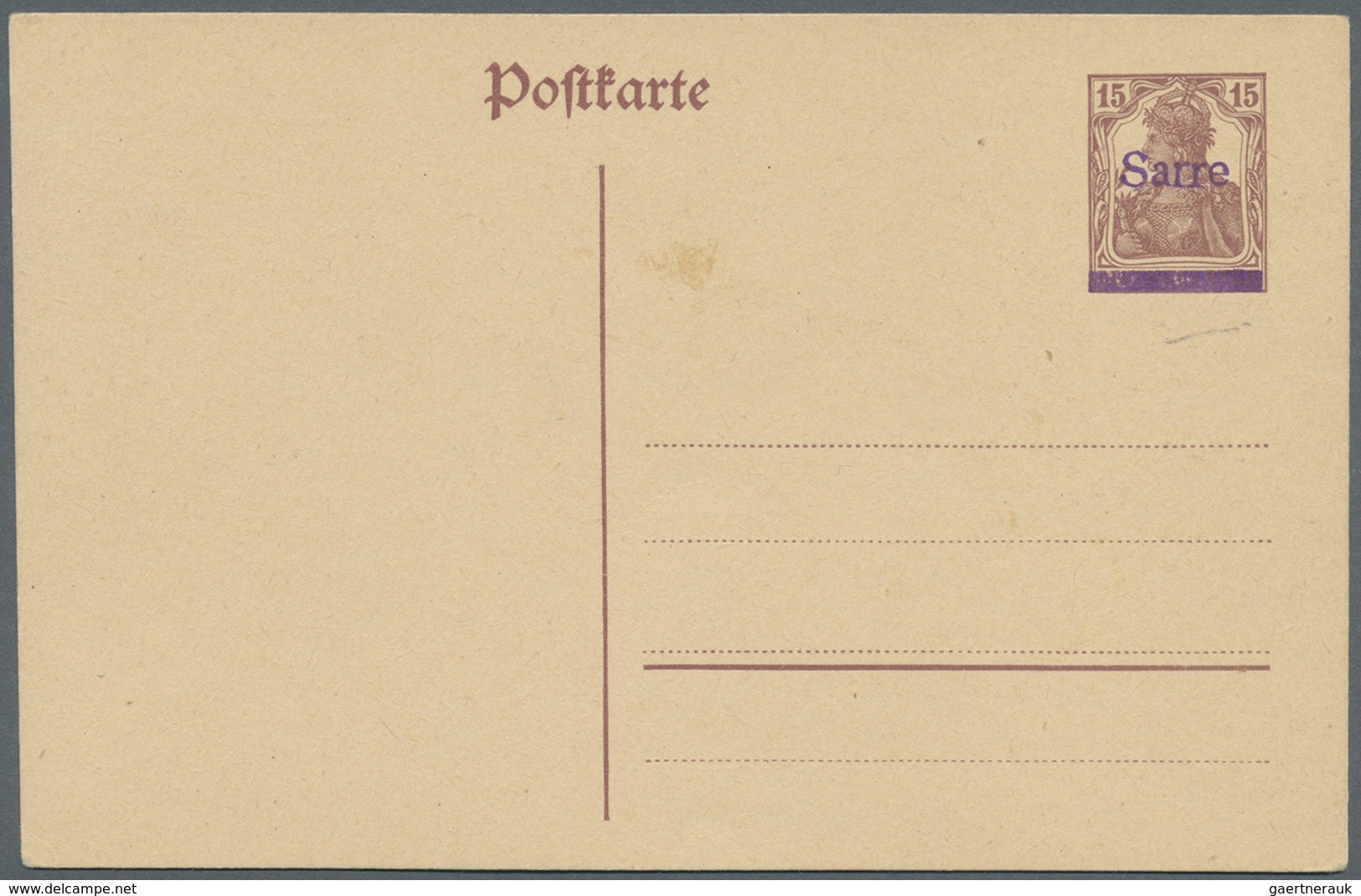 GA Deutsche Abstimmungsgebiete: Saargebiet - Ganzsachen: 1920, Probedruck: Postkarte 15 Pf Braunlila Ge - Interi Postali