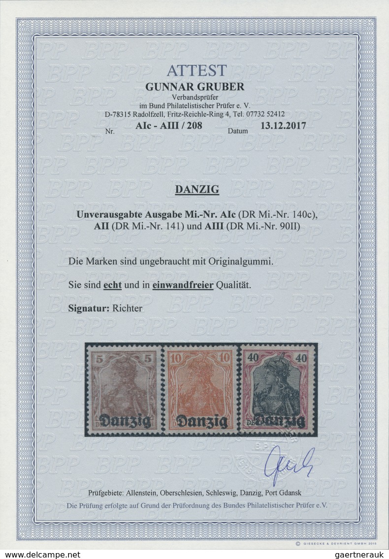 * Danzig: 1920, Germania Mit Aufdruck "Danzig" Drei Unverausgabte Werte Zu 5 Pf Lilabraun, 10 Pf Rötli - Sonstige & Ohne Zuordnung
