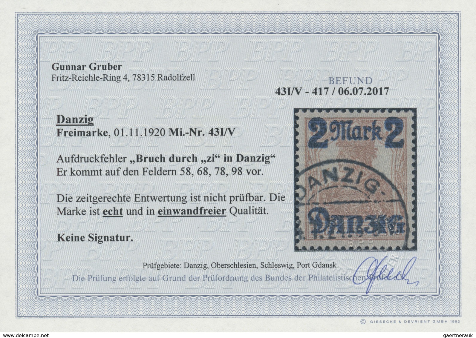 O Danzig: 1920, 2 M. Auf 35 Pf. Gestempelt Mit Aufdruckfehler Bruch Durch "zi" In Danzig, Einwandfreie - Sonstige & Ohne Zuordnung