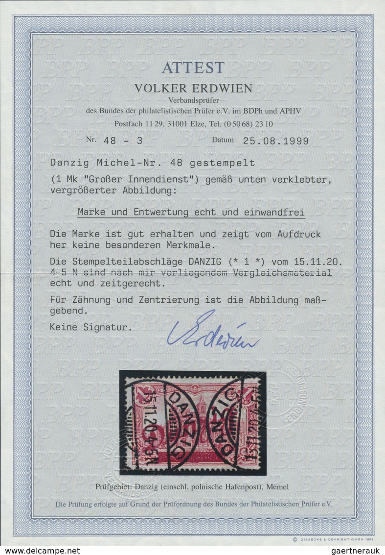 O Danzig: 1920, 1 Mark "Großer Innendienst", Entwertet Mit Zwei Zeitgerechten Stempelteilabschlägen "D - Altri & Non Classificati
