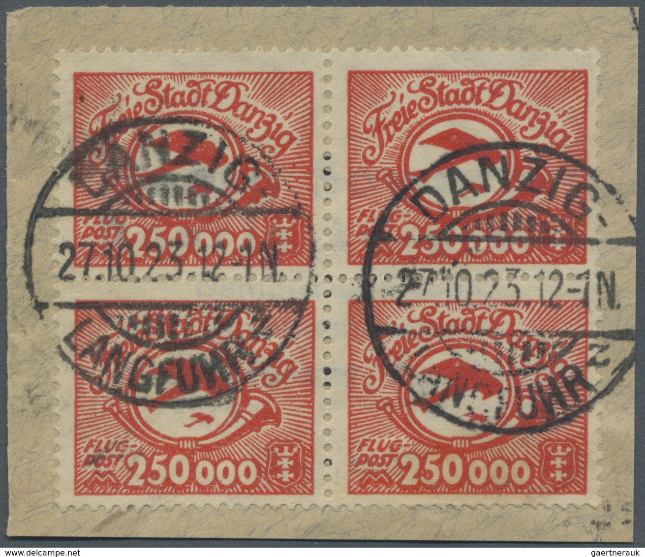 Brfst/ Danzig: 1923, Flugpostmarke 250 000 Mark Lebhaftrot, Im Viererblock Auf Kleinem Briefstück, Entwerte - Sonstige & Ohne Zuordnung