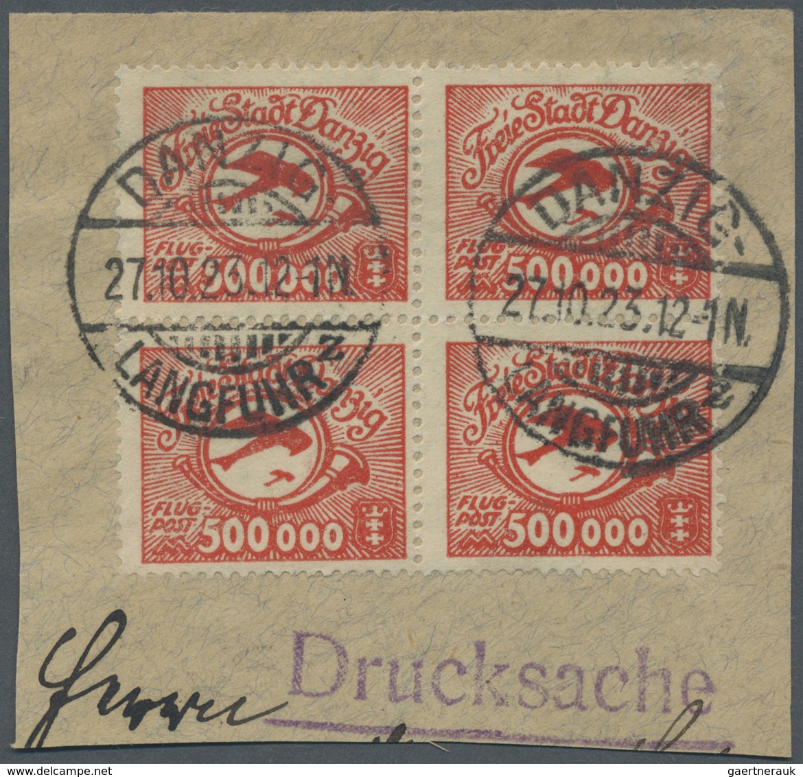 Brfst/ Danzig: 1923, Flugpostmarke 500 000 Mark Lebhaftrot, Im Viererblock Auf Kleinem Briefstück, Entwerte - Altri & Non Classificati