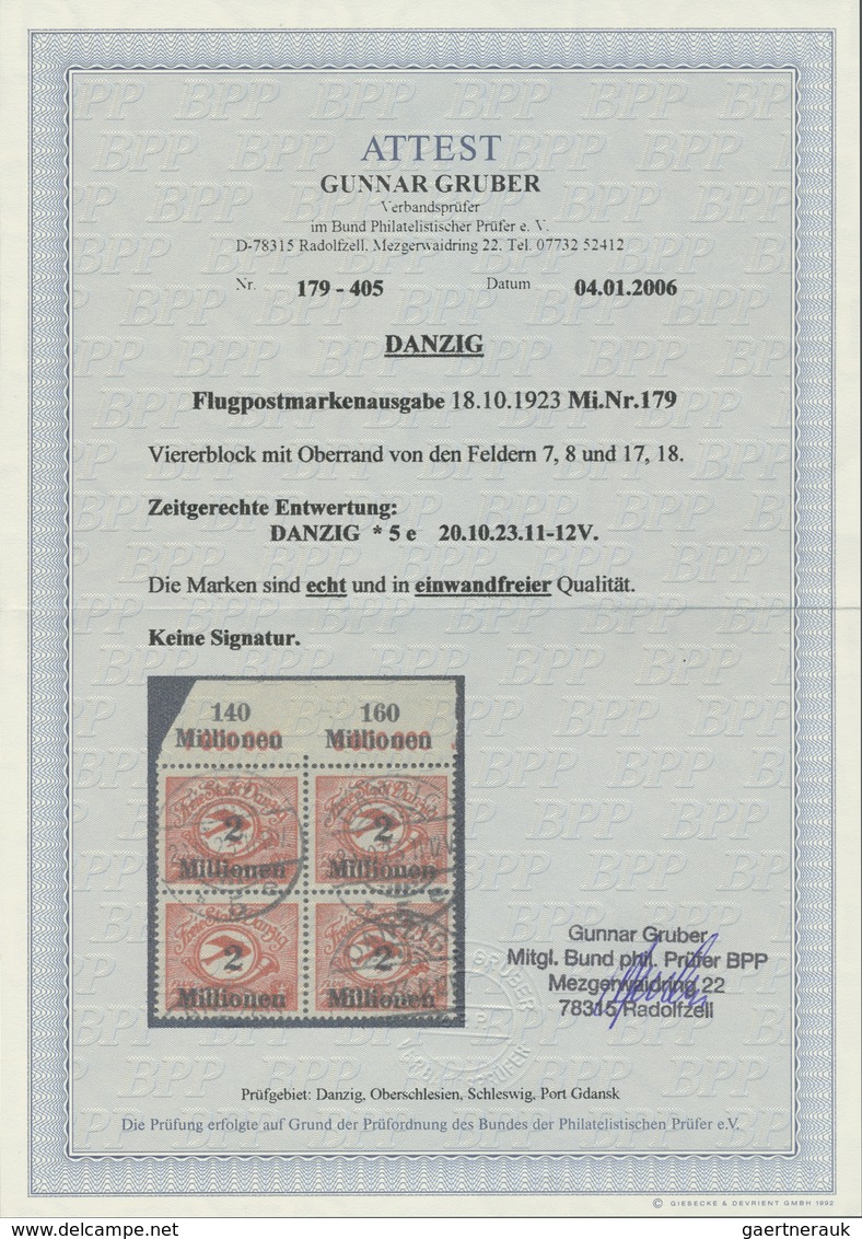 O/ Danzig: 1923, Flugpostmarke 2 Mio Auf 100 000 Mark Lebhaftrot, Im Gestempelten Viererblock Vom Bogen - Sonstige & Ohne Zuordnung