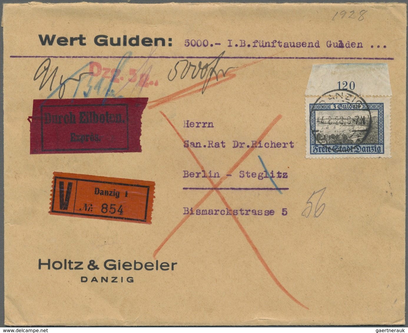 Br Danzig: 1924, 3 G. Zoppot, Oberrandmarke Auf Eilboten-Wertbrief (5000 Gulden, Bis 100g) Vom 4.8.28 N - Sonstige & Ohne Zuordnung