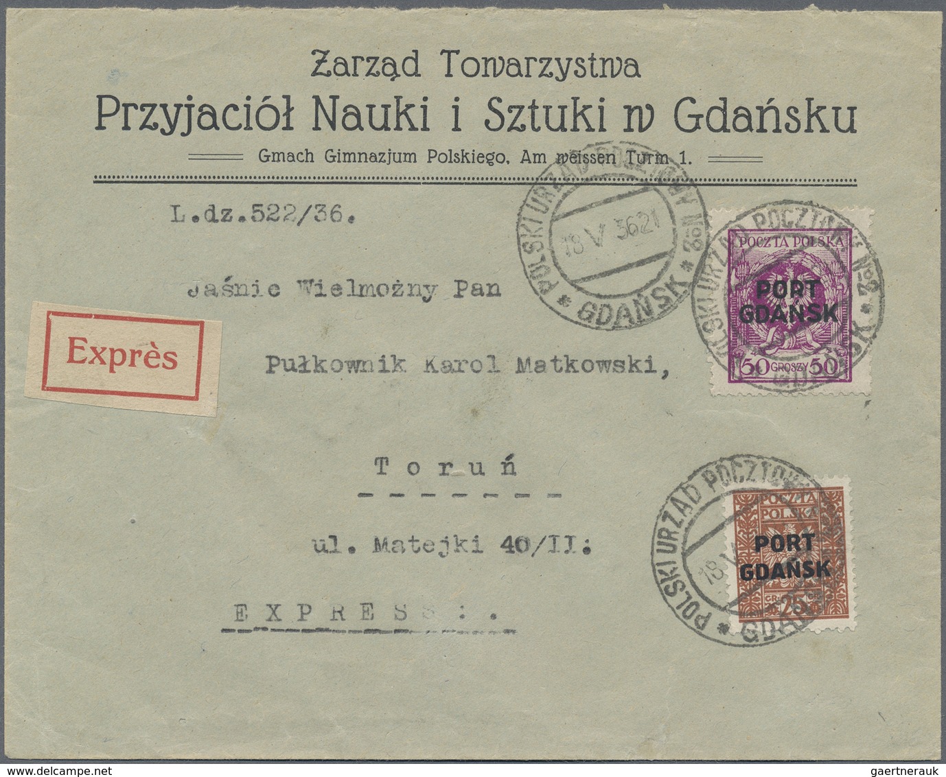 Br Danzig - Polnische Post (Port Gdansk): 1936, 25 Gr Mittelbraunrot Und 50 Gr Dkl'lilapurpur, MiF Auf - Sonstige & Ohne Zuordnung