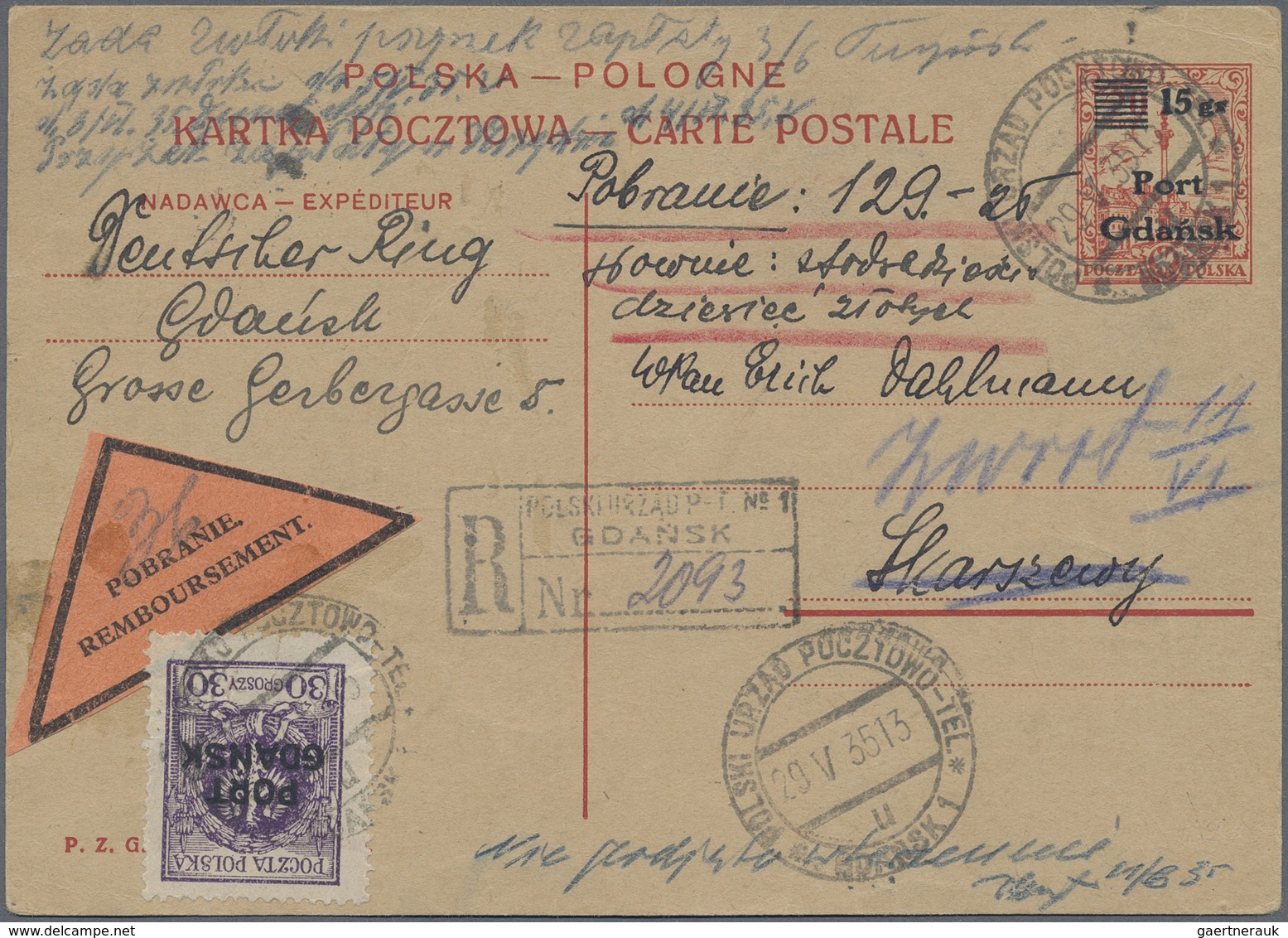 GA Danzig - Polnische Post (Port Gdansk): 1935, 15 Gr. A. 20 Gr Rot Ganzsachenkarte Mit Zfr 30 Gr Viole - Altri & Non Classificati