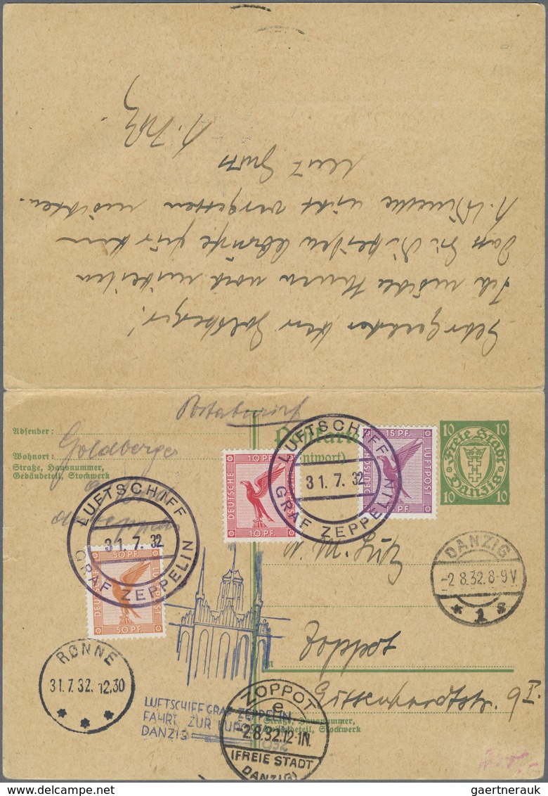 GA Danzig - Ganzsachen: 1932. Doppelkarte 10+10 Pf Grün Wappen Als Expresskarte Mit Zfr 2 Paare Luftpos - Sonstige & Ohne Zuordnung