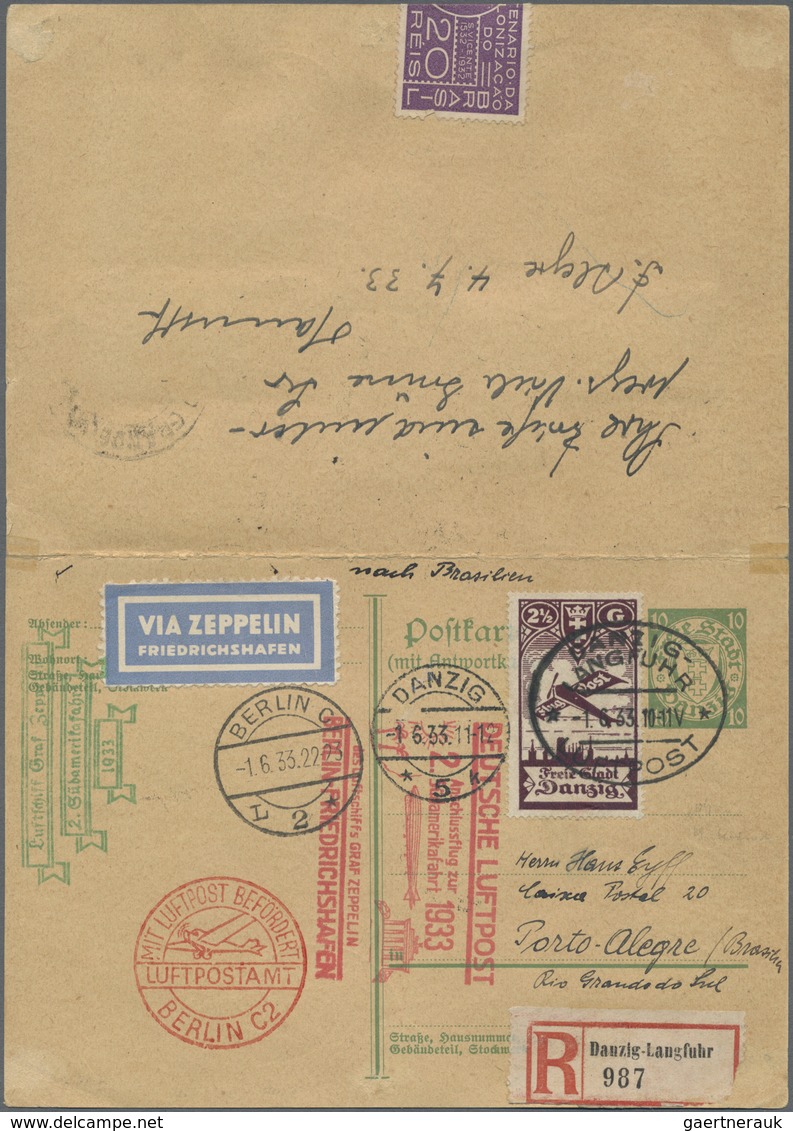 GA Danzig - Ganzsachen: 1933. Doppelkarte 10+10 Pf Wappen Als Anschlussflug Zur 2. SAF Ab Berlin Nach P - Autres & Non Classés