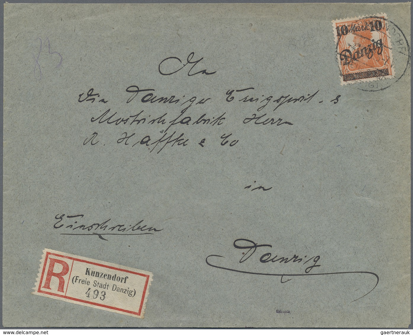 Br Danzig - Stempel: 1922, 10 M A. 7 1/2 Pf Orange, Portogerechte EF Auf Einschreibebrief Von KUNZENDOR - Autres & Non Classés