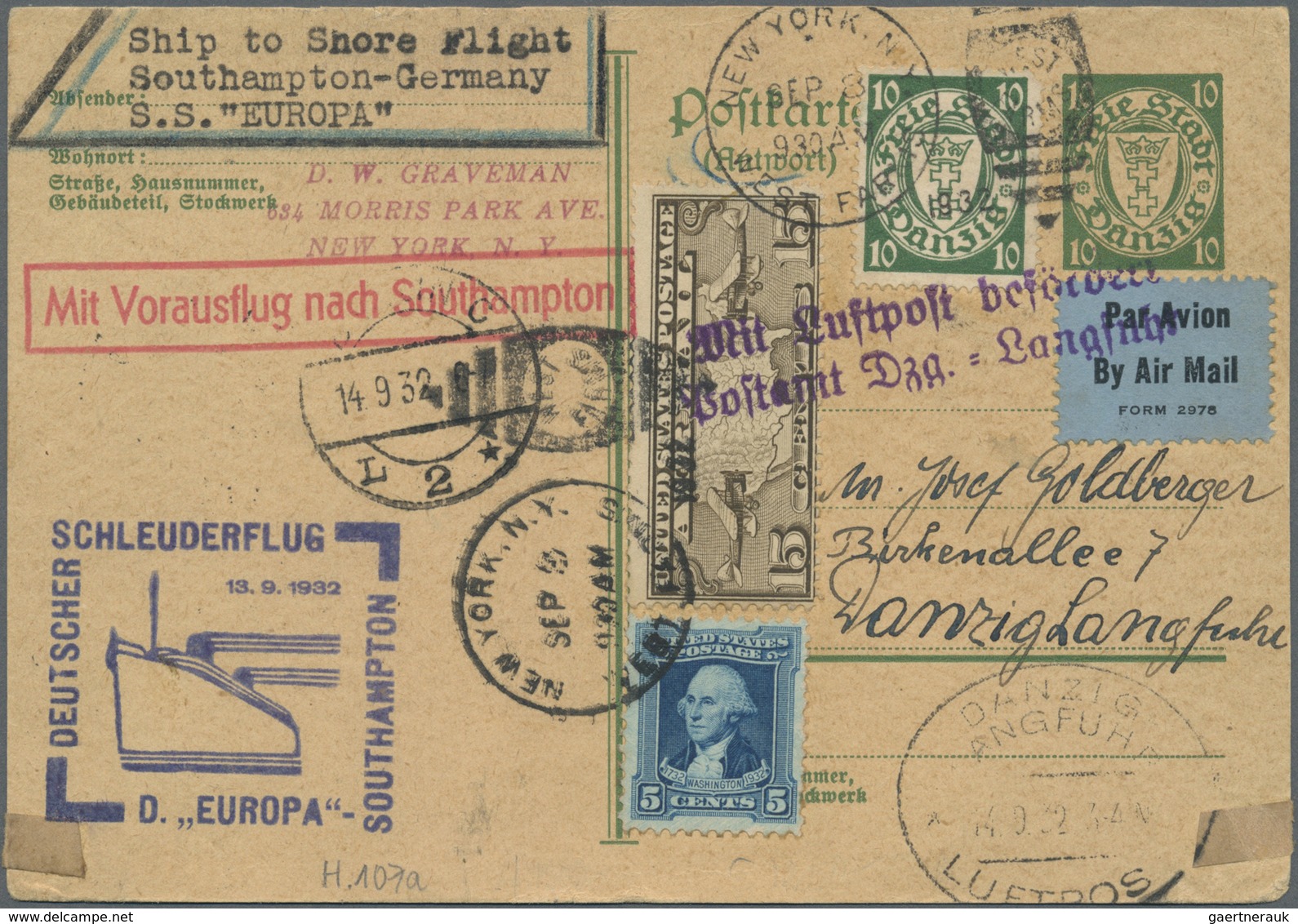 GA Danzig - Flugpost: 1932 (13.9.) "DEUTSCHER SCHLEUDERFLUG D. EUROPA-SOUTH HAMPTON" Auf Danzig GA-Antw - Sonstige & Ohne Zuordnung