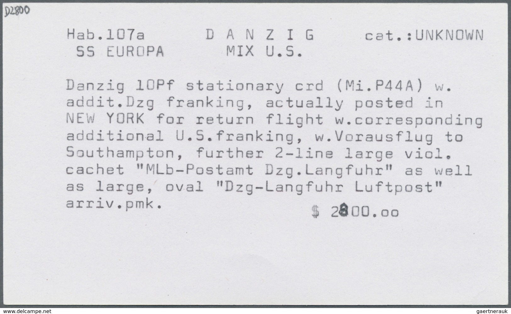 GA Danzig - Flugpost: 1932 (13.9.) "DEUTSCHER SCHLEUDERFLUG D. EUROPA-SOUTH HAMPTON" Auf Danzig GA-Antw - Altri & Non Classificati