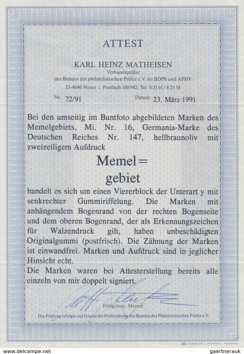 ** Memel: 1920, 60 Pfg. Germania, Hellbraunoliv, Senkrecht Geriffelte Gummierung, Tadellos Postfrisches - Memelgebiet 1923