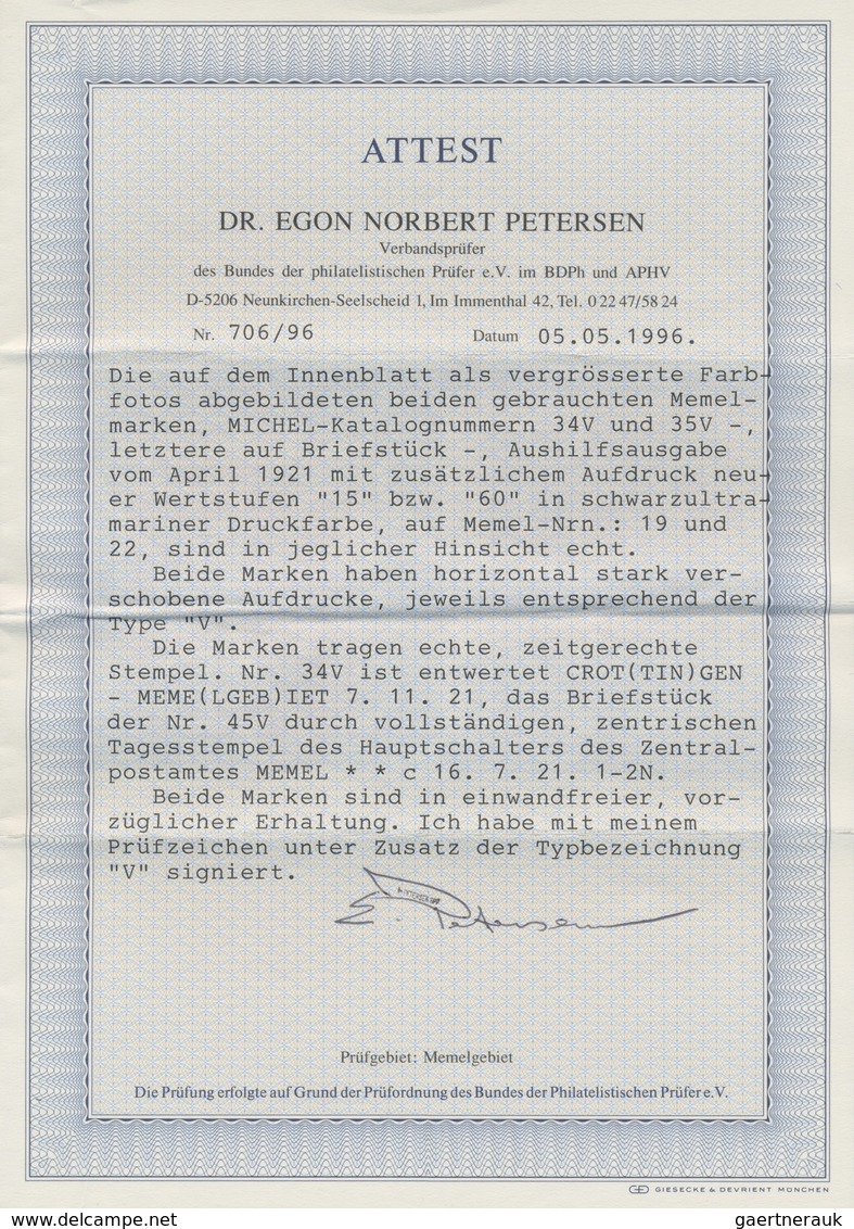 O/Brfst Memel: 1921, Freimarken 10 Pfg Auf 10 C Und 40 Pfg Auf 20 C Mit Zusätzlichem, Hier Stark Verschobene - Memel (Klaipeda) 1923