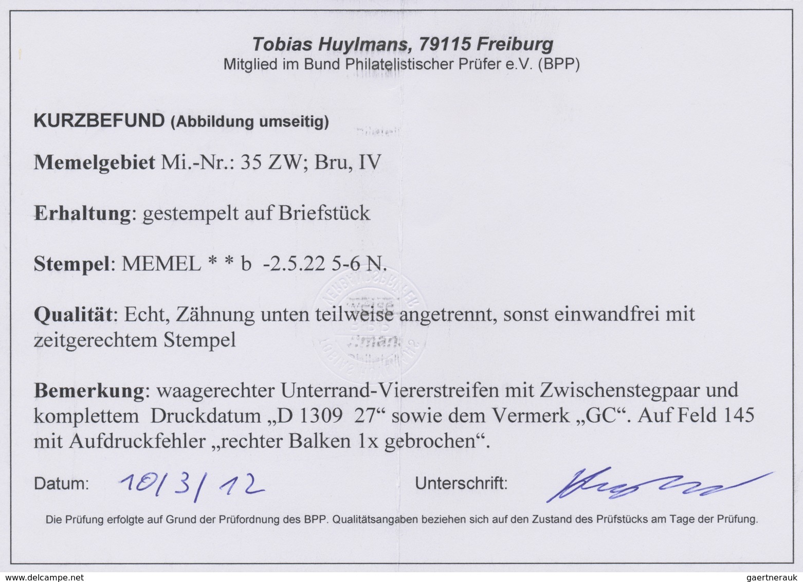 Brfst Memel: 1920, 60 Auf 40 Pfg Auf 20 C. Im Waagerechten Unterrand-Viererstreifen Mit Zwischenstegpaar U - Memelgebiet 1923