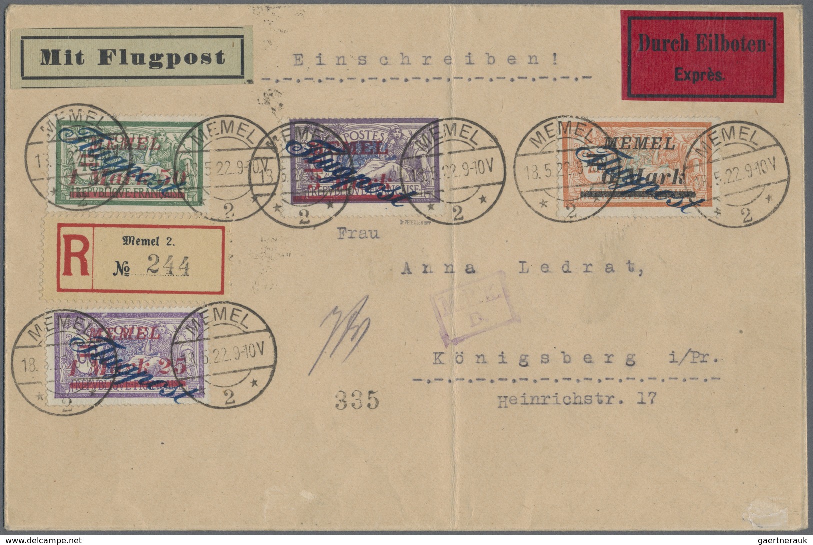 Br Memel: 1922, 3 M. Auf 60 C. Flugpost Mit Angegebener Zufrankatur Auf R-Eilboten-Flugpostbrief Aus "M - Memel (Klaipeda) 1923