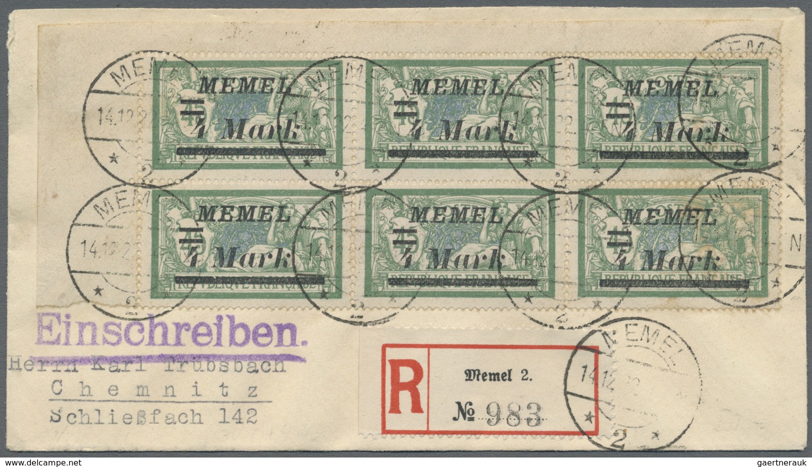 Br Memel: 1922. R-Brief Mit ER-6er-Block "4 M Auf 45 C" Von "Memel 14.12.22" Nach Chemnitz. Ank.-Stpl. - Memel (Klaipeda) 1923