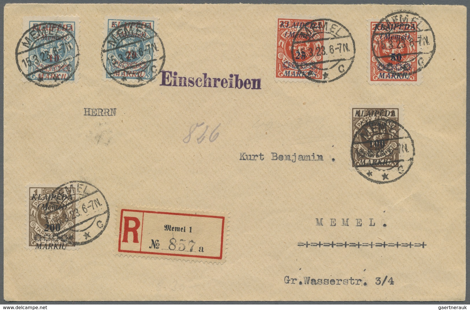 Br Memel: 1923. Litauische Besetzung. Orts-R-Brief Mit Angegebenem Kpl. Satz "Memel 15.3.23". - Memelgebiet 1923