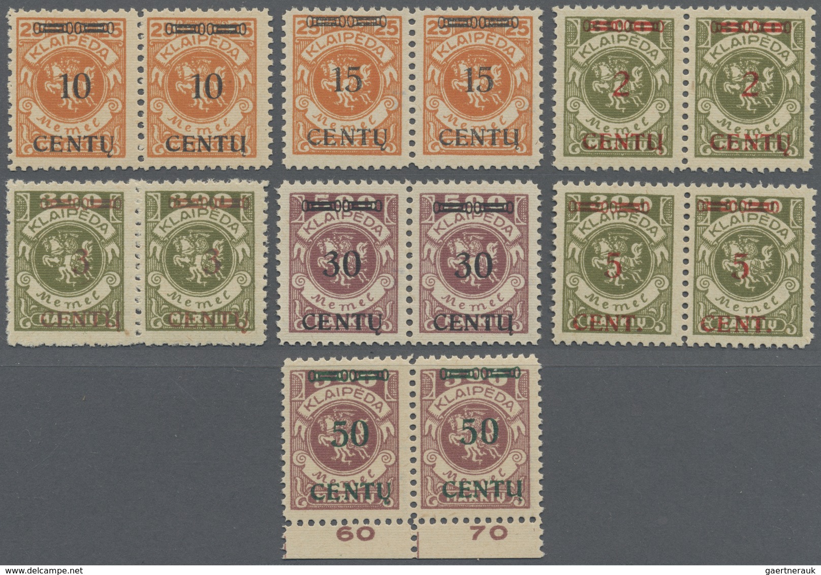 ** Memel: 1923, Lot Von 7 Verschiedenen Waagerechten Typenpaaren In Postfrischer Qualität, Dabei 167W4, - Memel (Klaipeda) 1923